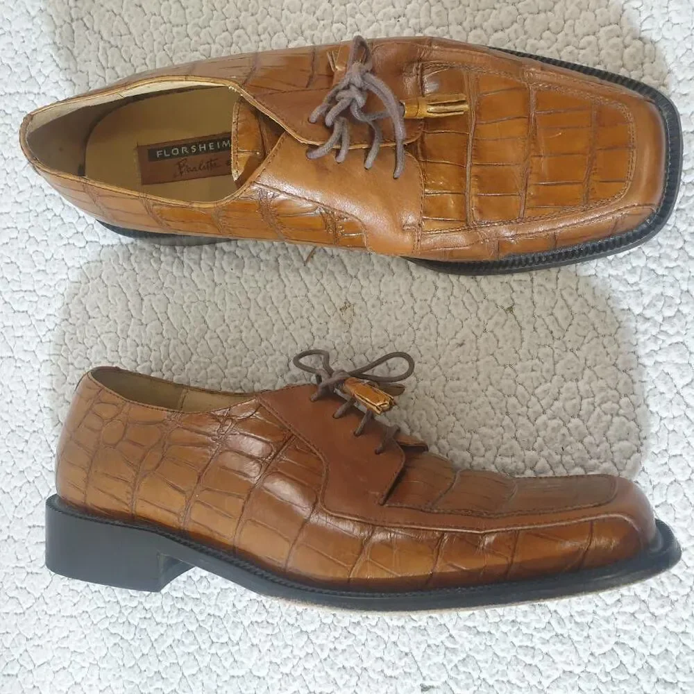 Florsheim Mens Barletta Derby Dress Shoes Brown Leather Crocodile Print 11D